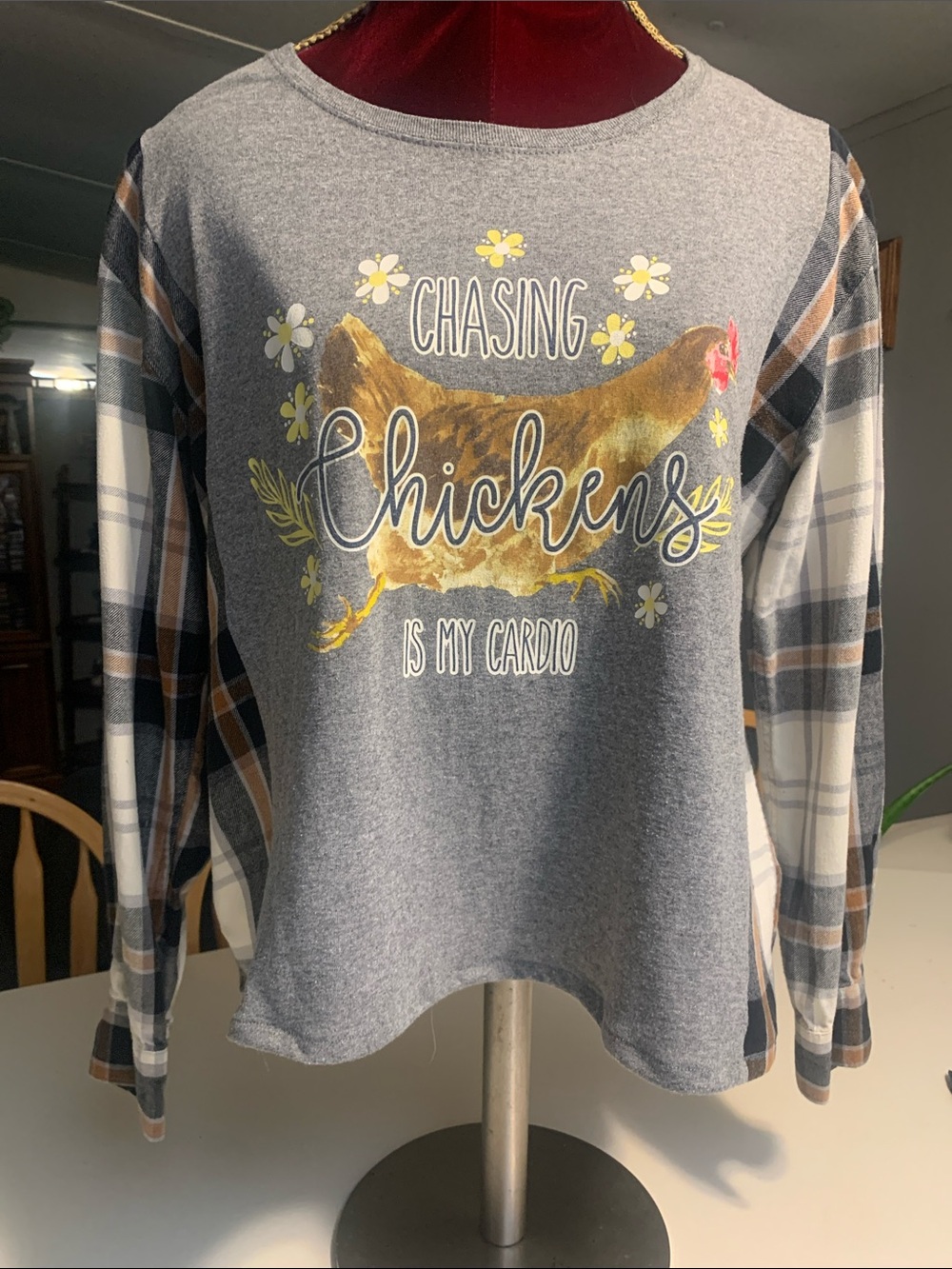 Upcycled Women’s Grey Plaid Sleeve Graphic Top
